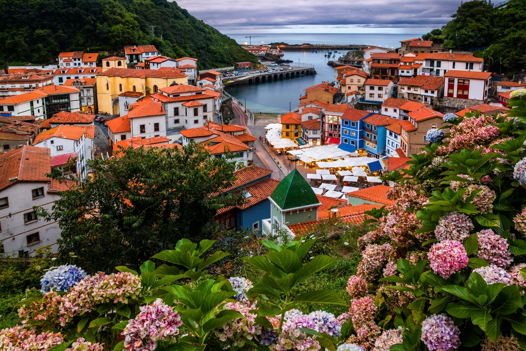 Cudillero, a fishing village on the Asturian coast, at dusk.